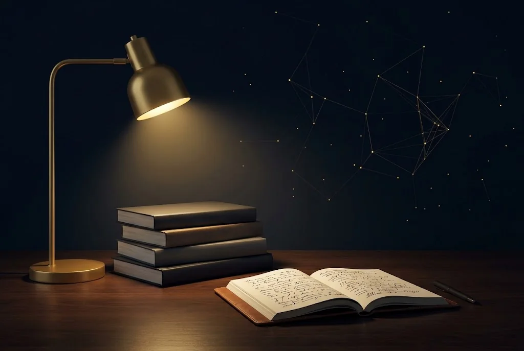 A desk lamp lighting a stack of books and an open notebook, with a faint network of ideas in the dark